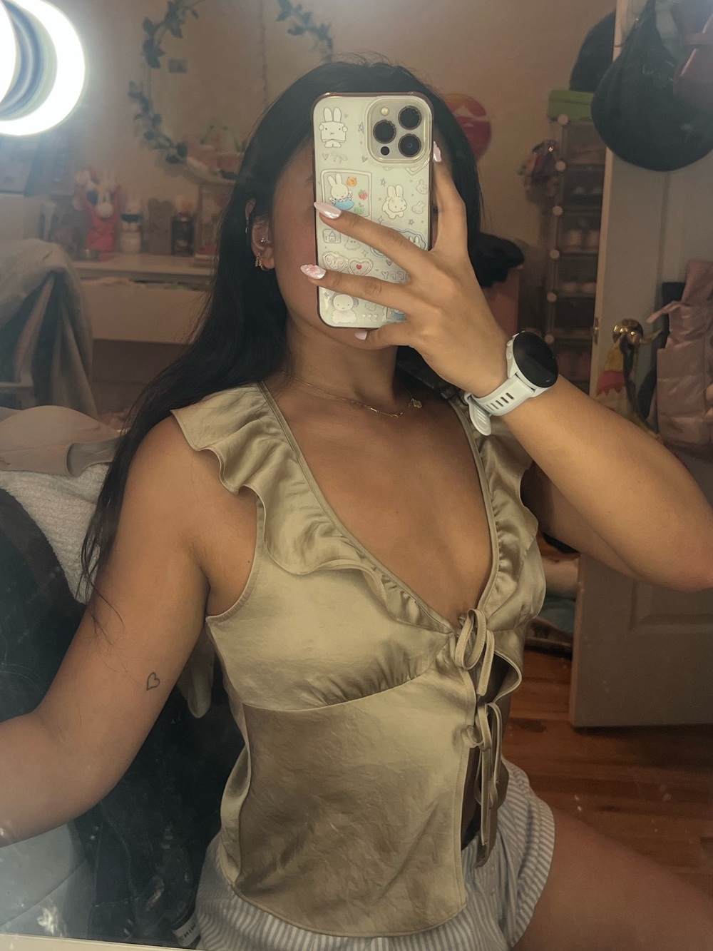 Aritzia Champagne Satin Ruffle Tie-Front Crop Top